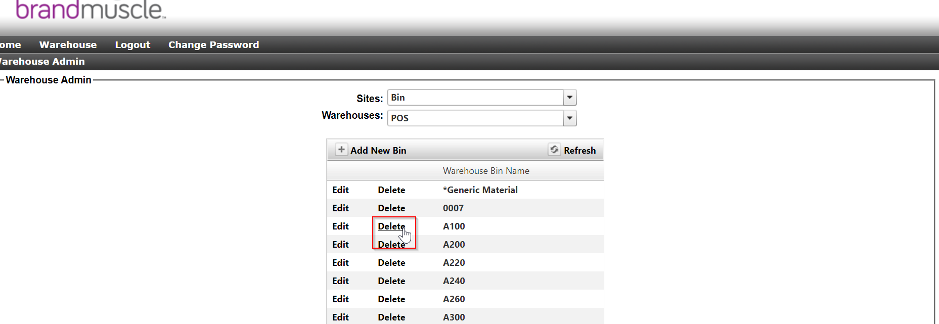 How to delete a bin? POS Warehouse Support